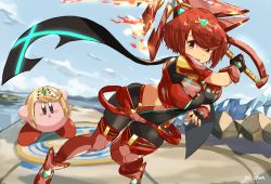 Rule 34 | aegis sword (xenoblade), black gloves, bob cut, breasts, chest jewel, earrings, fingerless gloves, ga-chan24, gloves, highres, jewelry, kirby, kirby (series), large breasts, nintendo, pantyhose, pantyhose under shorts, pyra (xenoblade), red eyes, red hair, red legwear, red shorts, short hair, short shorts, shorts, super smash bros., swept bangs, sword, thighhighs, tiara, weapon, xenoblade chronicles (series), xenoblade chronicles 2