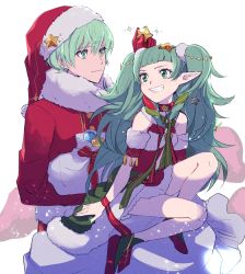 Rule 34 | 1boy, 1girl, bad id, bad twitter id, braid, byleth (fire emblem), byleth (male) (fire emblem), christmas ornaments, closed mouth, dress, fire emblem, fire emblem: three houses, fire emblem heroes, fur trim, gobou3443, green eyes, green hair, grin, hair ornament, hat, highres, holding, long hair, long sleeves, looking back, nintendo, pointy ears, pom pom (clothes), red headwear, sack, santa costume, santa hat, short hair, simple background, sitting, smile, sothis (fire emblem), sothis (winter) (fire emblem), twin braids, white background
