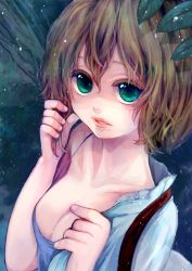 Rule 34 | 1girl, alice margatroid, blonde hair, breasts, capelet, cleavage, collarbone, colored eyelashes, eyelashes, female focus, green eyes, lips, looking at viewer, meeeeeji, meiji (charisma serve), no hairband, open mouth, parted lips, rain, short hair, solo, strap gap, touhou, undressing, water drop, wet, wet hair