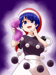 Rule 34 | 1girl, :d, blue eyes, blue hair, breasts, commentary request, doremy sweet, hat, kousei (public planet), large breasts, looking at viewer, nightcap, open mouth, pom pom (clothes), shaded face, shirt, short hair, short sleeves, skirt, smile, solo, squeezing, t-shirt, tail, tapir tail, touhou, white skirt