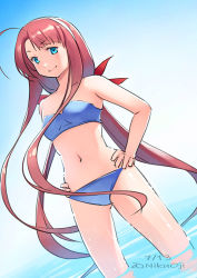 Rule 34 | 1girl, ahoge, asymmetrical bangs, bikini, blue bikini, breasts, commentary request, cowboy shot, dated, hair ribbon, hairband, hands on own hips, kantai collection, kawakaze (kancolle), long hair, looking at viewer, low twintails, navel, nikuoji, one-hour drawing challenge, red hair, ribbon, sidelocks, small breasts, soaking feet, solo, swimsuit, twintails, twitter username, very long hair, wading