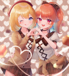 Rule 34 | 2girls, :d, ahoge, akuo 11, beret, blonde hair, blue eyes, blue hair, blush, bow, cardigan, cardigan around waist, chocolate, clothes around waist, facial mark, hair bow, hand on another&#039;s back, hat, heart, heart facial mark, heart hands, heart hands duo, highres, hololive, hololive english, long hair, long sleeves, multicolored hair, multiple girls, neck ribbon, one eye closed, open mouth, orange hair, pink eyes, plaid, plaid skirt, ponytail, puffy short sleeves, puffy sleeves, ribbon, short hair, short sleeves, skirt, smile, takanashi kiara, tongue, tongue out, two-tone hair, v-shaped eyebrows, virtual youtuber, watson amelia
