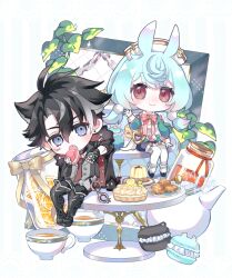 Rule 34 | 1boy, 1girl, animal ears, apron, artist name, bandaged arm, bandaged neck, bandages, black coat, black footwear, black gloves, black hair, black shirt, black shorts, blue hair, blush, boots, bow, bowtie, brooch, bundt cake, cake, candy, chain, chibi, chisora (chisora ra), closed mouth, coat, coat on shoulders, collared dress, collared shirt, commentary, cookie, cuffs, cup, dress, drink, drinking straw, earrings, english commentary, eyelashes, facial scar, fang, fingerless gloves, food, fur-trimmed coat, fur trim, genshin impact, gloves, green bow, green dress, grey hair, grey pants, hair between eyes, hair ornament, hand up, handcuffs, hat, highres, holding, holding food, jar, jewelry, long hair, long sleeves, looking at viewer, low twintails, macaron, multicolored hair, necktie, nurse cap, open mouth, pants, pantyhose, parted bangs, plant, plate, pom pom (clothes), pom pom hair ornament, puffy shorts, purple eyes, red bow, red bowtie, red eyes, red necktie, scar, scar on arm, scar on cheek, scar on face, scar on neck, shirt, short hair, shorts, sidelocks, sigewinne (genshin impact), signature, simple background, sitting, smile, sparkle, streaked hair, stud earrings, tart (food), tea, teacup, teapot, thigh boots, tiered tray, twintails, two-sided coat, two-sided fabric, waving, white apron, white background, white gloves, white headwear, white pantyhose, wriothesley (genshin impact)