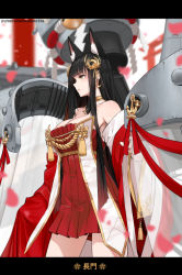 Rule 34 | 1girl, alternate breast size, anchor, animal ear fluff, animal ears, artist name, azur lane, bare shoulders, bell, black hair, blurry, blurry background, blush, breasts, cleavage, closed mouth, collarbone, commentary, cowboy shot, depth of field, detached sleeves, dishwasher1910, dress, earrings, english commentary, hair ornament, hoop earrings, jewelry, jingle bell, large breasts, long hair, long sleeves, nagato (azur lane), aged up, petals, pink lips, pleated dress, red dress, red ribbon, ribbon, sidelocks, smile, solo, strapless, strapless dress, tassel, torii, very long hair, wide sleeves, yellow eyes