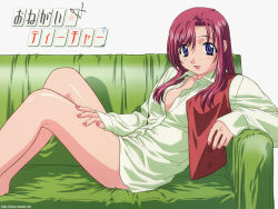Rule 34 | 00s, 1girl, blue eyes, couch, dress shirt, gouda hiroaki, hand on own thigh, kazami mizuho, leaning back, lipstick, long hair, looking at viewer, makeup, nail polish, on couch, onegai teacher, open clothes, open shirt, red hair, shirt, solo, teacher, vest