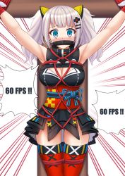 Rule 34 | 1girl, armpits, arms up, bare shoulders, blue eyes, blunt bangs, bound, bound arms, bound legs, bound torso, breasts, cleavage, cleavage cutout, clothing cutout, crucifixion, crying, crying with eyes open, emphasis lines, gag, hair ornament, hairclip, highres, japanese clothes, kaguya luna, kazenokaze, kimono, large breasts, long hair, looking at viewer, multicolored eyes, obi, outstretched arms, pink eyes, red thighhighs, restrained, sash, short kimono, silver hair, simple background, skindentation, sleeveless, sleeveless kimono, solo, spread arms, streaming tears, tareme, tears, the moon studio, thighhighs, tied up, twintails, virtual youtuber, white background