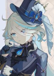 Rule 34 | 1girl, ahoge, aqua hair, ascot, black ascot, black gloves, black jacket, blue eyes, blue hat, brooch, brown background, clenched hand, colored inner hair, commentary, eyes visible through hair, frown, furina (genshin impact), genshin impact, gloves, gn nanome, hair over one eye, half gloves, hat, hat ribbon, heterochromia, highres, jacket, jewelry, leaning back, looking to the side, multicolored hair, playing with own hair, ribbon, sidelocks, simple background, single glove, solo, streaked hair, swept bangs, twitter username, upper body, white background, white hair