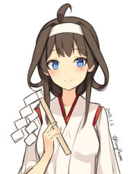 Rule 34 | 10s, 1girl, 2015, alternate costume, bad id, bad pixiv id, blue eyes, blush, brown hair, dated, gohei, highres, japanese clothes, kantai collection, kongou (kancolle), looking at viewer, miko, shuuichi, simple background, smile, solo, twitter username, white background
