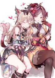 Rule 34 | 2girls, :3, ^ ^, absurdres, animal ears, bare shoulders, black pantyhose, black thighhighs, brown hair, brown pantyhose, cat ears, cat tail, chiori (genshin impact), closed eyes, cocoballking, commentary, detached sleeves, feet out of frame, genshin impact, grey kimono, hair ornament, hairclip, hand up, highres, japanese clothes, kimono, kirara (genshin impact), light brown hair, long sleeves, miniskirt, multiple girls, multiple tails, obi, pantyhose, red sash, sash, short kimono, simple background, sitting, skirt, tail, thighhighs, thighhighs over pantyhose, thighs, two tails, white background, yellow skirt