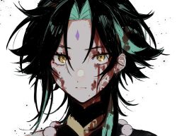 Rule 34 | 1boy, bead necklace, beads, black hair, blood, blood on face, close-up, closed eyes, closed mouth, facial mark, forehead mark, genshin impact, green hair, highres, jewelry, long hair, looking at viewer, male focus, multicolored hair, necklace, parted bangs, simple background, slit pupils, solo, sushi 171, tattoo, white background, xiao (genshin impact), yellow eyes