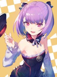Rule 34 | 1girl, :d, black bow, black dress, blunt bangs, bow, breasts, choker, cleavage, collarbone, detached collar, detached sleeves, dress, en@rain, fate/grand order, fate (series), hair bow, helena blavatsky (fate), highres, index finger raised, long sleeves, neck ribbon, open mouth, purple hair, red eyes, ribbon, short dress, short hair, sleeveless, sleeveless dress, small breasts, smile, solo, standing, strapless, strapless dress, upper body, white ribbon, white sleeves