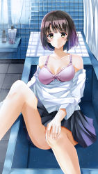 Rule 34 | 1girl, black hair, black skirt, bra, breasts, brown eyes, cleavage, clothes pull, collarbone, hand on own knee, highres, indoors, katou megumi, looking at viewer, medium breasts, miniskirt, nicky w, parted lips, pink bra, pleated skirt, saenai heroine no sodatekata, shirt, shirt pull, short hair, skirt, solo, swimsuit, underwear, white shirt
