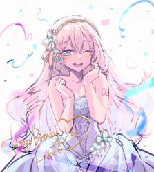 Rule 34 | 1girl, asagao minoru, backlighting, bare arms, blue eyes, character name, collarbone, commentary, confetti, dress, dress flower, flower, hair flower, hair ornament, hairband, hands up, happy birthday, heart, jewelry, light blush, long hair, looking at viewer, megurine luka, one eye closed, open mouth, pink hair, ring, shoulder tattoo, smile, solo, strapless, strapless dress, streamers, tattoo, upper body, very long hair, vocaloid, white background, white dress