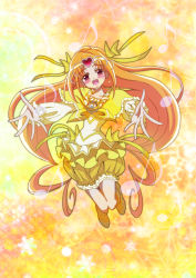 Rule 34 | 10s, 1girl, bad id, bad pixiv id, blush, boots, bow, brooch, bubble skirt, circlet, cure muse, cure muse (yellow), dress, earrings, frills, full body, hair ribbon, heart, jewelry, jumping, long hair, magical girl, musical note, no choker, orange hair, outstretched hand, precure, quaver, red eyes, ribbon, shirabe ako, skirt, smile, solo, suite precure, teri (tukinohikari24), yellow background, yellow bow, yellow dress, yellow ribbon, yellow skirt, yellow theme