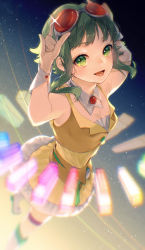 Rule 34 | 1girl, absurdres, arms up, breasts, brown jacket, cleavage, detached collar, goggles, goggles on head, green eyes, green hair, gumi, highres, jacket, miniskirt, short hair with long locks, sidelocks, skirt, sleeveless, sleeveless jacket, small breasts, solo, suzuri suzuna, thigh strap, vocaloid, white footwear, wing collar, yellow skirt