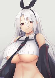 Rule 34 | 1girl, azur lane, bare shoulders, black necktie, black sleeves, breasts, collared shirt, commentary, crop top, detached sleeves, grey background, groin, hair between eyes, hair ribbon, highres, kokonoe misui, large breasts, long hair, looking at viewer, mole, mole under eye, navel, necktie, open mouth, parted bangs, prinz heinrich (azur lane), red eyes, ribbed shirt, ribbon, shirt, sidelocks, simple background, solo, standing, stomach, twitter username, underboob, upper body, very long hair, white hair