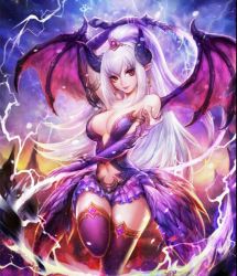 Rule 34 | 1girl, artist request, bare shoulders, black thighhighs, breasts, cleavage, clothing cutout, dark summoner, demon girl, demon wings, earrings, elbow gloves, energy whip, female focus, gloves, horns, jewelry, large breasts, leg up, lightning, lips, long hair, looking at viewer, navel, navel cutout, outdoors, playful kyari, purple gloves, purple skirt, red eyes, skirt, sky, smile, solo, source request, staff, standing, standing on one leg, thighhighs, tiara, weapon, whip, white hair, wings, zettai ryouiki