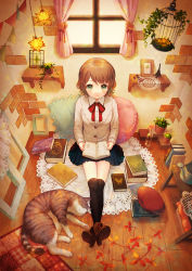 Rule 34 | 1girl, absurdres, autumn leaves, bad id, bad pixiv id, book, boots, bow, bowtie, brown hair, cat, cushion, green eyes, highres, megumu, original, short hair, sitting, skirt, smile, solo, sweater, thighhighs, window, wooden floor