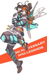 Rule 34 | animification, anniversary, apex legends, black gloves, black hair, black pants, brown eyes, clenched hand, cloud marauder valkyrie, copyright name, eyeshadow, floating hair, gloves, headband, highres, jetpack, kogane mushi, looking at viewer, makeup, official alternate costume, orange headband, pants, ponytail, red eyeshadow, v-shaped eyebrows, valkyrie (apex legends), white background