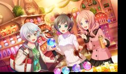 5girls :d animal_ears asahina_iroha bag bear_ears black_hair black_pantyhose black_skirt bow brown_coat brown_hair cinderella_series coat dutch_angle fake_animal_ears fur-trimmed_coat fur_trim game_cg green_eyes hachigatsu_no_cinderella_nine hair_bow hair_ornament hairclip hanayama_emi hat highres holding holding_bag hood hood_down hoodie index_finger_raised indoors kawakita_tomoe long_hair long_sleeves looking_at_object miniskirt multiple_girls nitta_minako non-web_source official_art open_mouth pantyhose parted_bangs pink_coat pink_hair print_shirt purple_eyes red_bow red_hat shirt shopping short_hair skirt smile snow_globe snowman standing stuffed_animal stuffed_toy sweater teddy_bear teeth tile_floor tiles ukita_akane upper_teeth_only white_hair white_sweater yellow_eyes