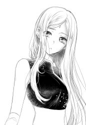 Rule 34 | 1girl, crop top, facial mark, floating hair, greyscale, haruno sakura, head tilt, highres, long hair, looking at viewer, midriff, monochrome, naruto, naruto (series), parted lips, simple background, sketch, sleeveless, solo, stomach, upper body, very long hair, white background