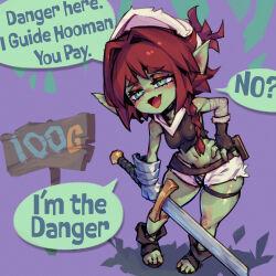 Rule 34 | 1girl, :d, colored skin, fang, female goblin, fingerless gloves, gauntlets, gloves, goblin, green background, green skin, hair intakes, hat, highres, holding, holding sword, holding weapon, long hair, navel, open mouth, original, phantom ix row, pointy ears, purple background, red hair, shoes, shorts, single gauntlet, single glove, skin fang, smile, solo, stomach, sword, toes, weapon, white hat, white shorts