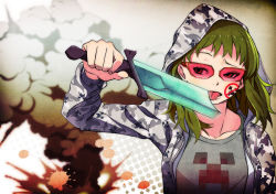 Rule 34 | 1girl, creeper, crossover, explosion, female focus, glasses, gradient background, green hair, gumi, highres, hood, hoodie, kazufumi (kaz-newt), licking, minecraft, red eyes, short hair, solo, sword, tongue, upper body, vocaloid, weapon