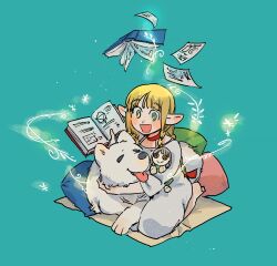 Rule 34 | 1girl, :d, affectionate, aged down, animal, animal hug, animalization, aqua background, barefoot, blanket, blonde hair, book, braid, button eyes, buttons, character doll, child, choker, dog, dress, dungeon meshi, elf, falin touden, falin touden (doll), floating, floating book, floating object, flying paper, green eyes, hair around ear, hair over shoulder, hand up, highres, holding, holding book, laios touden, laios touden (dog), long hair, long sleeves, magic, marcille donato, multiple braids, nichi (hibi suimin), open book, open mouth, paper, pillow, pointy ears, seiza, simple background, sitting, smile, tongue, tongue out, white dress