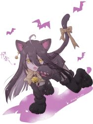 Rule 34 | 1girl, ahoge, all fours, alternate animal ears, animal ears, animal hands, bell, black hair, black shirt, bow, bowtie, cat ears, cat tail, dated, fang, full body, garter straps, gloves, hair between eyes, hand up, highres, long hair, long sleeves, manhattan cafe (umamusume), musukichi, neck bell, open mouth, paw gloves, paw shoes, shirt, skin fang, tail, tail bow, tail ornament, umamusume, yellow bow, yellow bowtie, yellow eyes