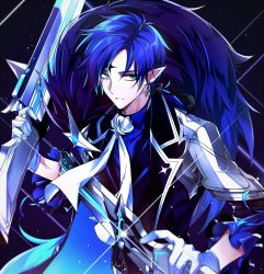 Rule 34 | 1boy, bad id, bad twitter id, blue eyes, chevalier (elsword), ciel (elsword), collared shirt, dual wielding, earrings, elsword, erun-cbal-, facial mark, feather boa, forehead mark, gloves, gun, gunblade, highres, holding, jacket, jewelry, pauldrons, pointy ears, shirt, single pauldron, sparkle, symbol-shaped pupils, weapon, white neckwear