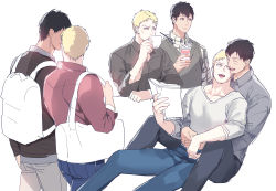 Rule 34 | 2boys, bag, bertolt hoover, collage, contemporary, couple, cute potato (cute potato ner), denim, feet out of frame, hug, hug from behind, jeans, male focus, multiple boys, pants, pectorals, pointy ears, reiner braun, shingeki no kyojin, shopping bag, short hair, smile, toned, toned male, unfinished, white background, yaoi