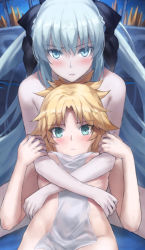 Rule 34 | blue eyes, braid, breasts, fate/grand order, fate (series), french braid, grey hair, highres, long hair, looking at viewer, mordred (fate), morgan le fay (fate), mother and daughter, parted bangs, ponytail, sidelocks, small breasts, tonee, very long hair