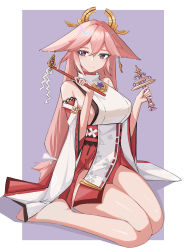 Rule 34 | 1girl, absurdres, animal ears, bare legs, barefoot, breasts, chinese commentary, commentary request, detached sleeves, fox ears, genshin impact, gohei, hair between eyes, hands up, highres, holding, large breasts, long hair, looking at viewer, low-tied long hair, pink hair, purple eyes, qingyi (qingyi qwq), red skirt, shirt, sitting, skirt, sleeveless, sleeveless shirt, smile, solo, thighs, very long hair, wariza, white shirt, yae miko