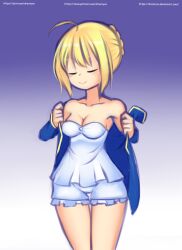 Rule 34 | 1girl, artoria pendragon (fate), blonde hair, blue background, blue jacket, blush, braid, breasts, cleavage, closed eyes, collarbone, drantyno, fate/stay night, fate (series), gradient background, highres, jacket, large breasts, long sleeves, removing jacket, shirt, short hair, shorts, sleeveless, sleeveless shirt, smile, standing, undressing, white shirt, white shorts