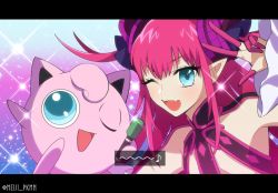 Rule 34 | 10s, 1girl, aqua eyes, bishie sparkle, creatures (company), crossover, elizabeth bathory (fate), elizabeth bathory (fate/extra ccc), elizabeth bathory (first ascension) (fate), fang, fate/extra, fate/extra ccc, fate (series), game freak, gen 1 pokemon, gradient background, holding, holding microphone, horns, jigglypuff, long hair, looking at viewer, meiji ken, microphone, nintendo, open mouth, pink hair, pointy ears, pokemon, pokemon (creature), sparkle background, twitter username, upper body, w