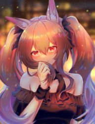 Rule 34 | 1girl, 3 (sanyako1), absurdres, ambience synesthesia, angelina (arknights), animal ear fluff, animal ears, arknights, bare shoulders, black bow, black dress, blush, bow, breasts, brown hair, closed mouth, collarbone, dress, fox ears, gradient hair, hair bow, hand up, highres, holding, holding own hair, long hair, looking at viewer, multicolored hair, off-shoulder dress, off shoulder, purple hair, red eyes, sidelocks, small breasts, smile, solo, twintails, upper body, wristband