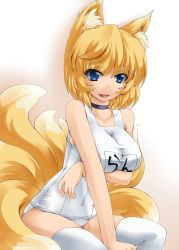 Rule 34 | 1girl, :d, animal ears, arm support, bare shoulders, between legs, blonde hair, blue eyes, breast hold, breasts, character name, choker, collar, collarbone, covered collarbone, covered navel, eyebrows, fang, fox ears, fox tail, from side, hand between legs, happy, highres, kitsune, large breasts, leaning forward, looking at viewer, multiple tails, name tag, old school swimsuit, one-piece swimsuit, open mouth, school swimsuit, shiromiza kana, short hair, sitting, smile, solo, swimsuit, tail, taut clothes, thick eyebrows, thighhighs, touhou, white one-piece swimsuit, white school swimsuit, white thighhighs, yakumo ran