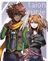 Rule 34 | 1boy, 1girl, artist name, black-framed eyewear, black choker, black jacket, black shorts, blue eyes, border, brown eyes, brown hair, character name, choker, closed mouth, commentary, crossed arms, dark-skinned male, dark skin, english commentary, eunie (xenoblade), glasses, green jacket, grey background, gzei, head wings, highres, jacket, long hair, open clothes, open jacket, outside border, prototype design, scarf, shorts, smile, standing, taion (xenoblade), teeth, twitter username, white border, wings, xenoblade chronicles (series), xenoblade chronicles 3, yellow scarf