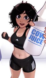 Rule 34 | 1girl, :d, absurdres, adidas, bike shorts, black eyes, black hair, black shorts, black sports bra, body freckles, bottle, breasts, cleavage, clenched hand, fingerless gloves, foreshortening, freckles, gloves, highres, holding, holding bottle, looking at viewer, medium breasts, messy hair, milk, milk bottle, navel, open mouth, original, outstretched arm, reaching, reaching towards viewer, shorts, smile, solo, sports bra, stomach, teeth, thighs, upper teeth only, veyonis, wide-eyed, yuna (veyonis)