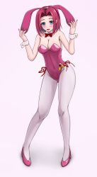 Rule 34 | 1girl, absurdres, animal ears, blue eyes, bow, bowtie, breasts, cleavage, code geass, commission, detached collar, full body, highres, holding, iliketequila, kouzuki kallen, leotard, looking at viewer, medium breasts, mixed-language commentary, official alternate costume, pantyhose, pink leotard, pink pantyhose, playboy bunny, rabbit ears, rabbit tail, red bow, red bowtie, red hair, short hair, simple background, smile, solo, tail, white background, wrist cuffs