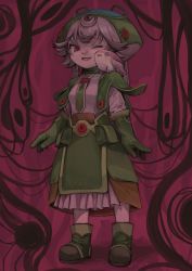 Rule 34 | 1girl, abstract background, boots, commentary, creature, creature on shoulder, full body, gloves, green footwear, green gloves, green hat, green necktie, hat, highres, long sleeves, looking at viewer, made in abyss, meinya (made in abyss), namuta, necktie, on shoulder, one eye closed, open mouth, prushka, purple background, red eyes, shirt, short hair, smile, solo, standing, white hair, white shirt