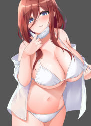 Rule 34 | 1girl, bikini, blue eyes, blush, breasts, brown hair, closed mouth, commentary request, curvy, go-toubun no hanayome, grey background, hair between eyes, large breasts, long bangs, long hair, looking at viewer, mask, mask pull, micosiva, mouth mask, nakano miku, navel, off shoulder, open clothes, open shirt, pulled by self, raised eyebrows, shirt, simple background, solo, stomach, surgical mask, swimsuit, white bikini, white mask, white shirt