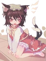 Rule 34 | 1girl, animal ear fluff, animal ears, annoyed, board, bow, bowtie, brown eyes, cat ears, cat tail, chen, dress, earrings, fang, green hat, hat, hatut, highres, jewelry, multiple tails, open mouth, orange eyes, paw print, red dress, single earring, sitting, slit pupils, solo, tail, touhou, tsurime, two tails, white background, yellow bow