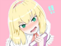 Rule 34 | !, !!, 1girl, alice margatroid, angry, bad id, bad pixiv id, blonde hair, blush, book, embarrassed, female focus, green eyes, gumi (prrrrrrrart), pink background, portrait, solo, touhou