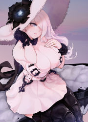 Rule 34 | 1girl, abyssal ship, black gloves, blue eyes, boots, breasts, cleavage, collarbone, dress, gloves, hair over one eye, hand on own chest, hat, highres, huge breasts, jewelry, kantai collection, long hair, looking at viewer, ring, seaport summer princess, single glove, sitting, solo, sun hat, thigh boots, uni (oni unicorn), wedding band, white dress, white hair, white hat