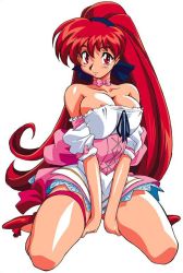 Rule 34 | 1990s (style), 1girl, akira (viper), anna miller, areola slip, bare shoulders, blush, breasts, choker, full body, kimura takahiro, large breasts, leg ribbon, long hair, looking at viewer, nipple slip, nipples, no bra, official art, red eyes, red footwear, red hair, retro artstyle, ribbon, shoes, sitting, smile, solo, thigh ribbon, very long hair, viper, viper v16, waitress, wariza, white background