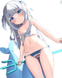Rule 34 | 1girl, absurdres, blue eyes, blue hair, blue nails, blue panties, blunt bangs, blush, breasts, fins, fish tail, gawr gura, hair ornament, heart, highres, holding, holding trident, holding weapon, hololive, hololive english, kkato, long hair, looking at viewer, medium hair, multicolored hair, nail polish, navel, off shoulder, panties, polearm, shark girl, shark hair ornament, shark print, shark tail, shirt, small breasts, streaked hair, tail, trident, two side up, underwear, virtual youtuber, weapon, white shirt