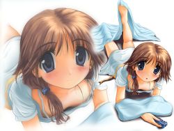 Rule 34 | 00s, 1girl, barefoot, blanket, blue dress, blush, breasts, closed mouth, collarbone, downblouse, dress, full body, komaki ikuno, lying, multiple views, puffy short sleeves, puffy sleeves, shiukichi, short sleeves, simple background, small breasts, smile, soles, to heart (series), to heart 2, toes, wallpaper, white background