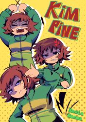 Rule 34 | 1girl, absurdres, anger vein, artist name, black eyes, breasts, brown hair, character name, closed eyes, closed mouth, commentary, crossed arms, drumsticks, english commentary, freckles, frown, green jacket, highres, holding, holding drumsticks, jacket, karmakoo, kim pine, long sleeves, looking at viewer, medium breasts, multiple views, open mouth, scott pilgrim (series), short hair, yellow background