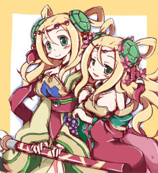 Rule 34 | 2girls, bare shoulders, blonde hair, breasts, calligraphy brush, chinese clothes, cleavage, dual persona, food, fruit, grapes, green eyes, hair rings, large breasts, long hair, meimei (p&amp;d), multiple girls, nanashino (nanasino101), paintbrush, puzzle &amp; dragons, shiny skin, smile, turtle shell